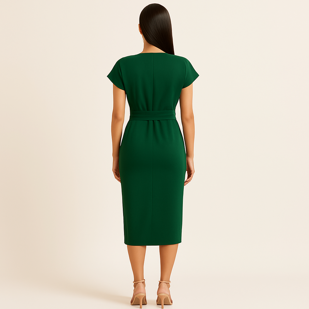 Emerald Wrap Midi Dress with Waist Tie