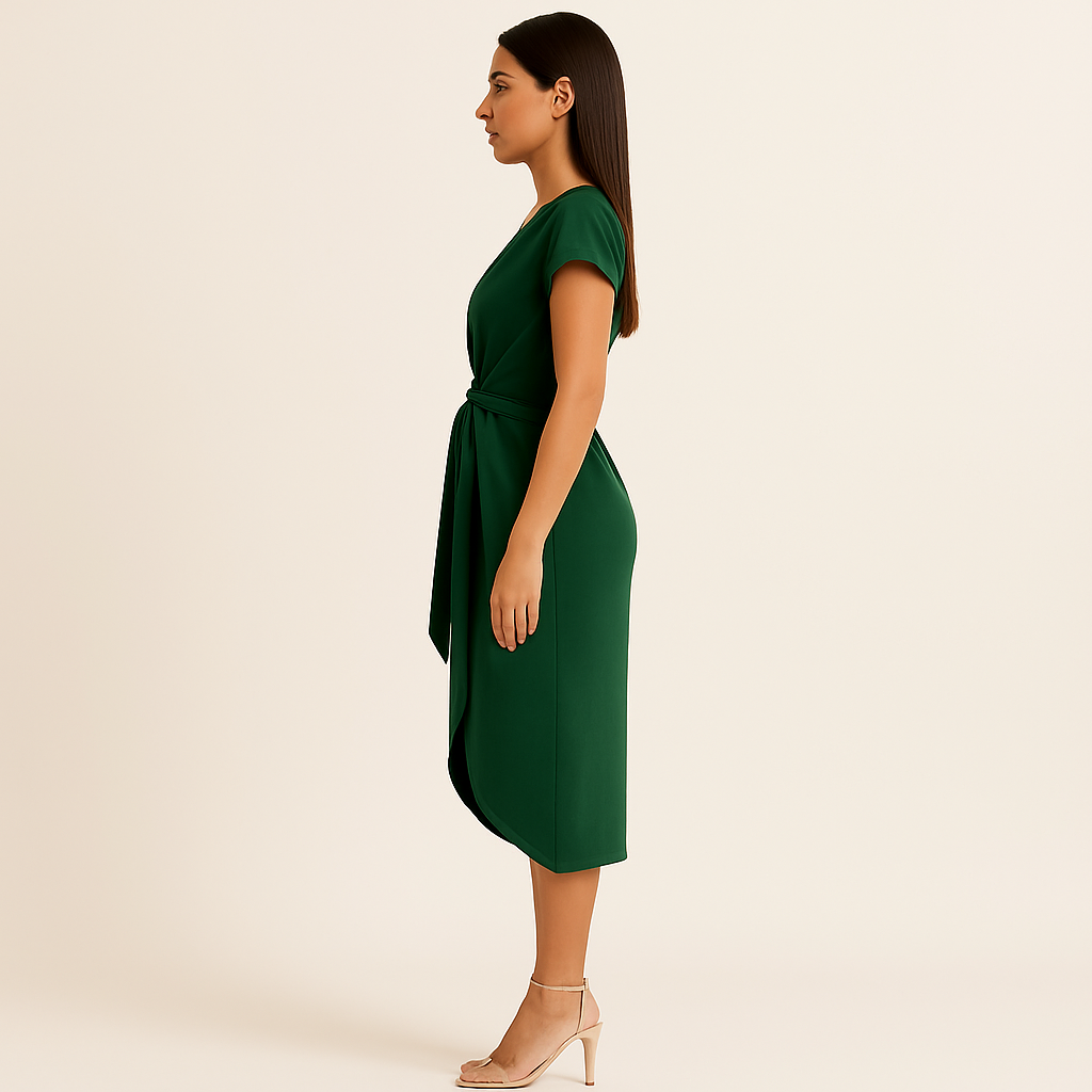 Emerald Wrap Midi Dress with Waist Tie