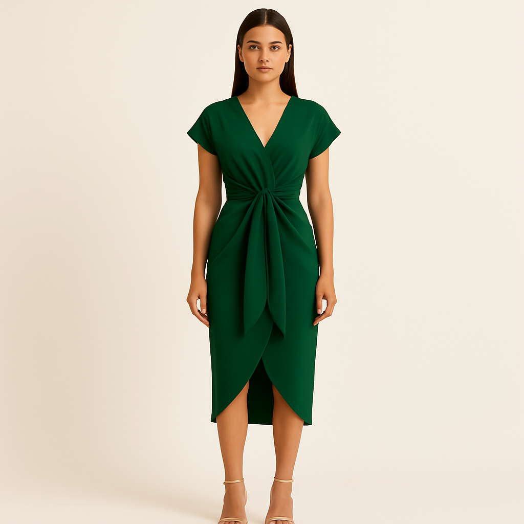 Emerald Wrap Midi Dress with Waist Tie