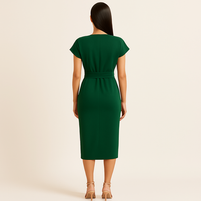 Emerald Wrap Midi Dress with Waist Tie