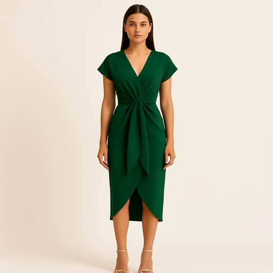 Emerald Wrap Midi Dress with Waist Tie